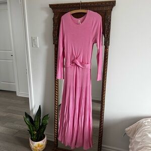 Anthropologie Bubblegum Pink (L) Long-Sleeve Ribbed Sweater Midi Dress Flared